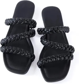 Mtzyoa Women's Sandals Casual Braided Dressy Summer Square Toe Quilted Flat Sandals