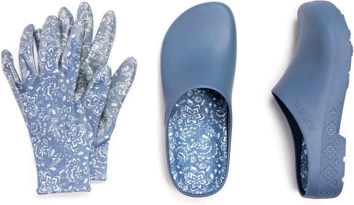 MUK LUKS Women’s Garden Clogs and Gloves Set – Waterproof, Slip-Resistant Outdoor Slip-on Shoes – Lightweight, Easy to Clean, Comfortable for Yard Work & Lawn Care, Denim Floral, L