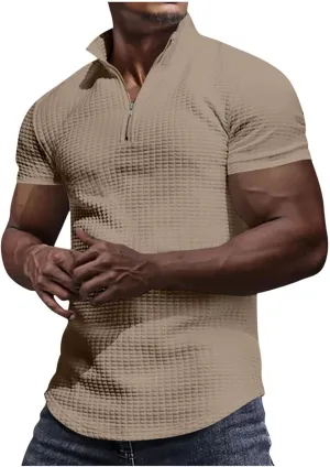 Muscularfit Tshirts Shirts for Men Short Sleeve Waffle Knit Quarter-Zip Pullover Tops Causal Fashion Gym Workout Tee Tops