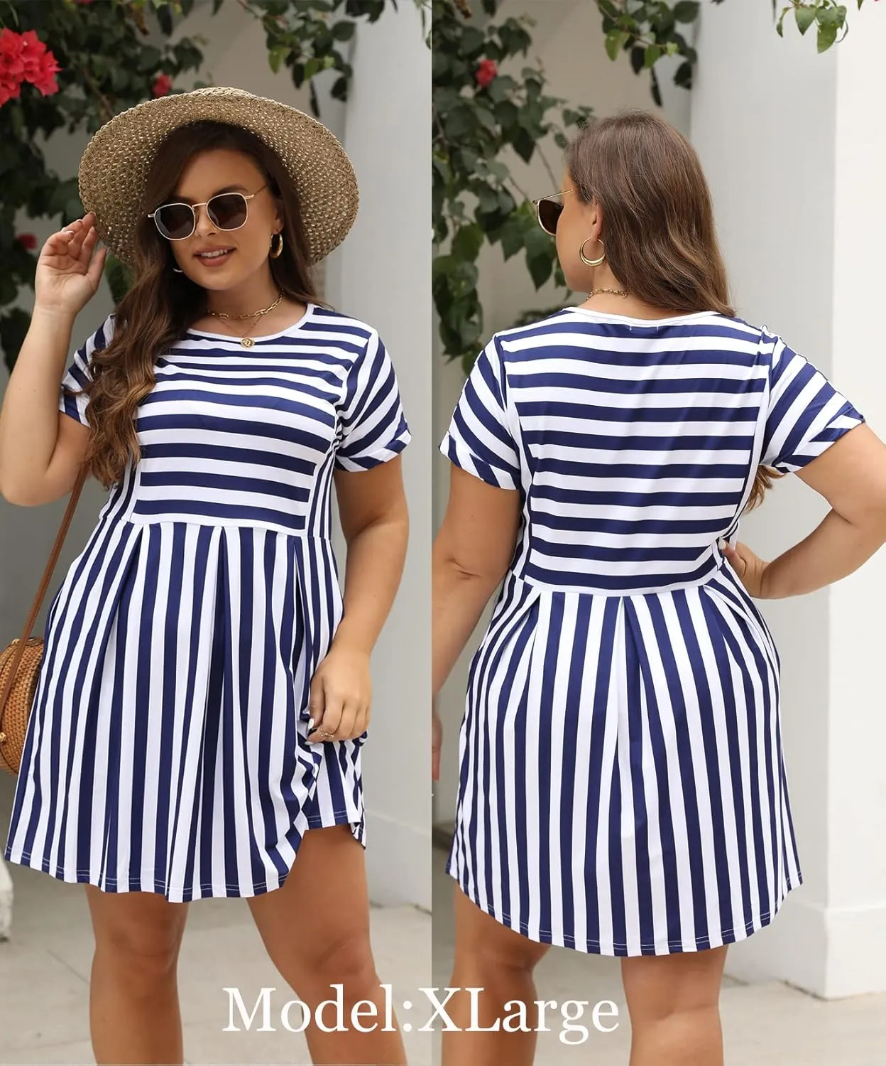 Naggoo Womens Summer Striped Short Sleeve T-Shirt Dresses Casual Swing Aline Dresses with Pocket