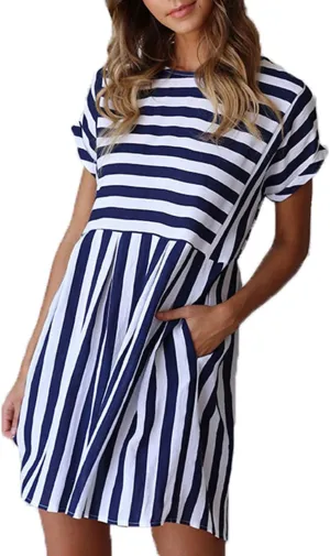 Naggoo Womens Summer Striped Short Sleeve T-Shirt Dresses Casual Swing Aline Dresses with Pocket