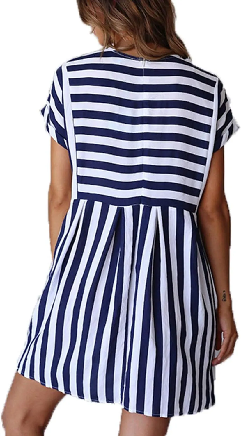 Naggoo Womens Summer Striped Short Sleeve T-Shirt Dresses Casual Swing Aline Dresses with Pocket