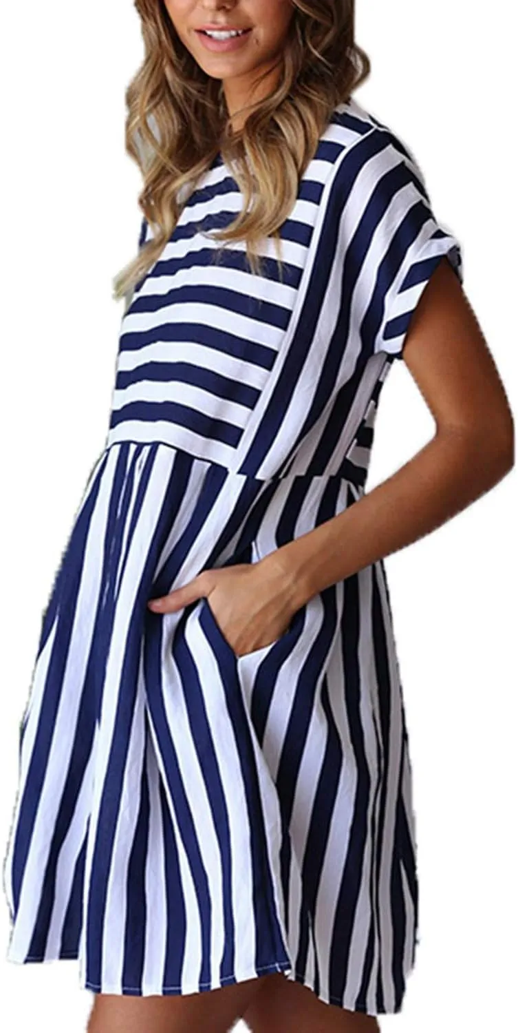 Naggoo Womens Summer Striped Short Sleeve T-Shirt Dresses Casual Swing Aline Dresses with Pocket