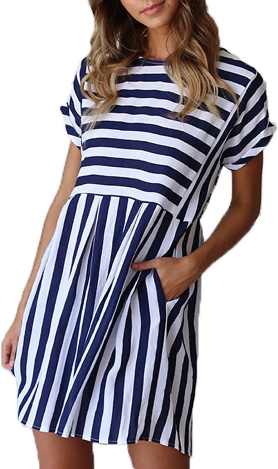 Naggoo Womens Summer Striped Short Sleeve T-Shirt Dresses Casual Swing Aline Dresses with Pocket
