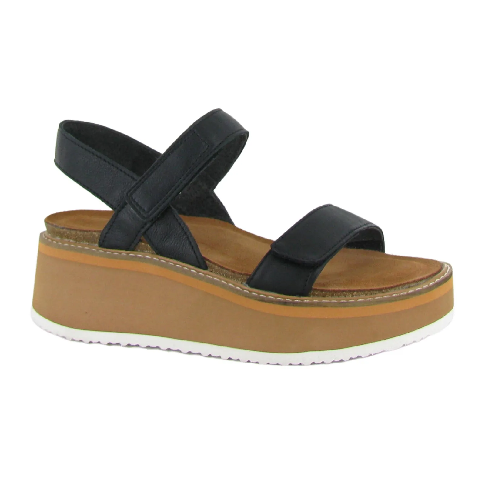 Naot Meringue Wedge Sandal (Woman) - Soft Black Leather with Camel Sole