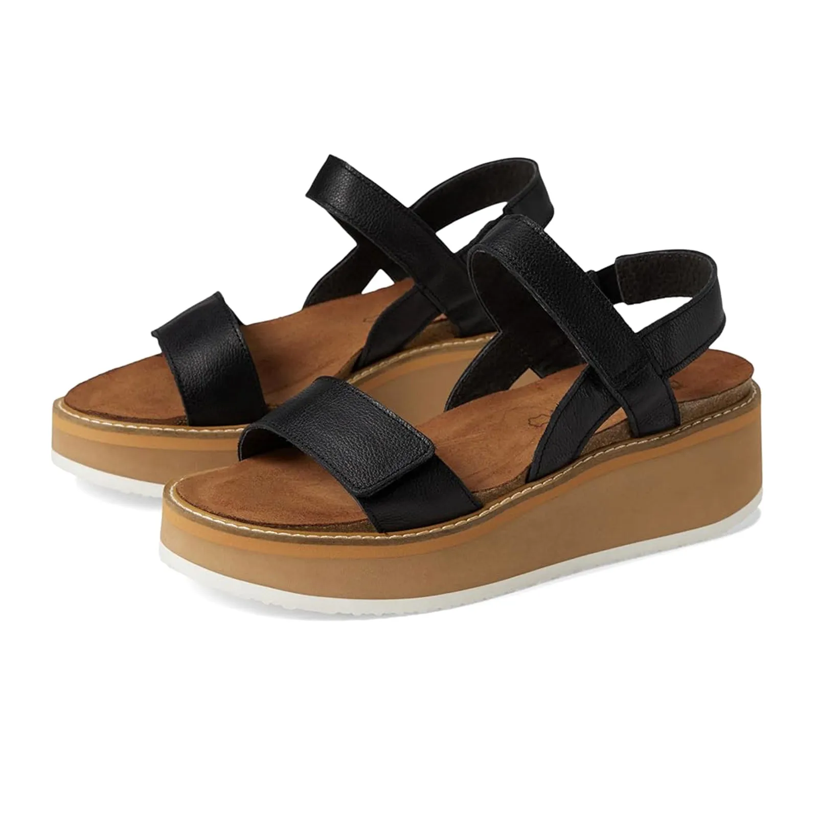 Naot Meringue Wedge Sandal (Woman) - Soft Black Leather with Camel Sole