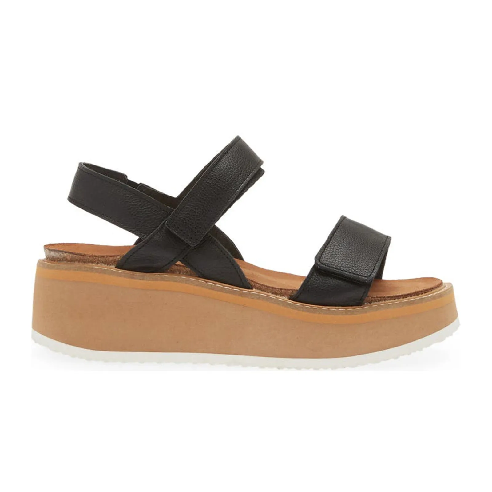 Naot Meringue Wedge Sandal (Woman) - Soft Black Leather with Camel Sole