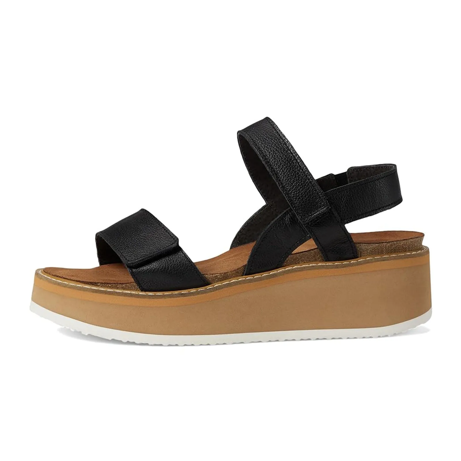 Naot Meringue Wedge Sandal (Woman) - Soft Black Leather with Camel Sole