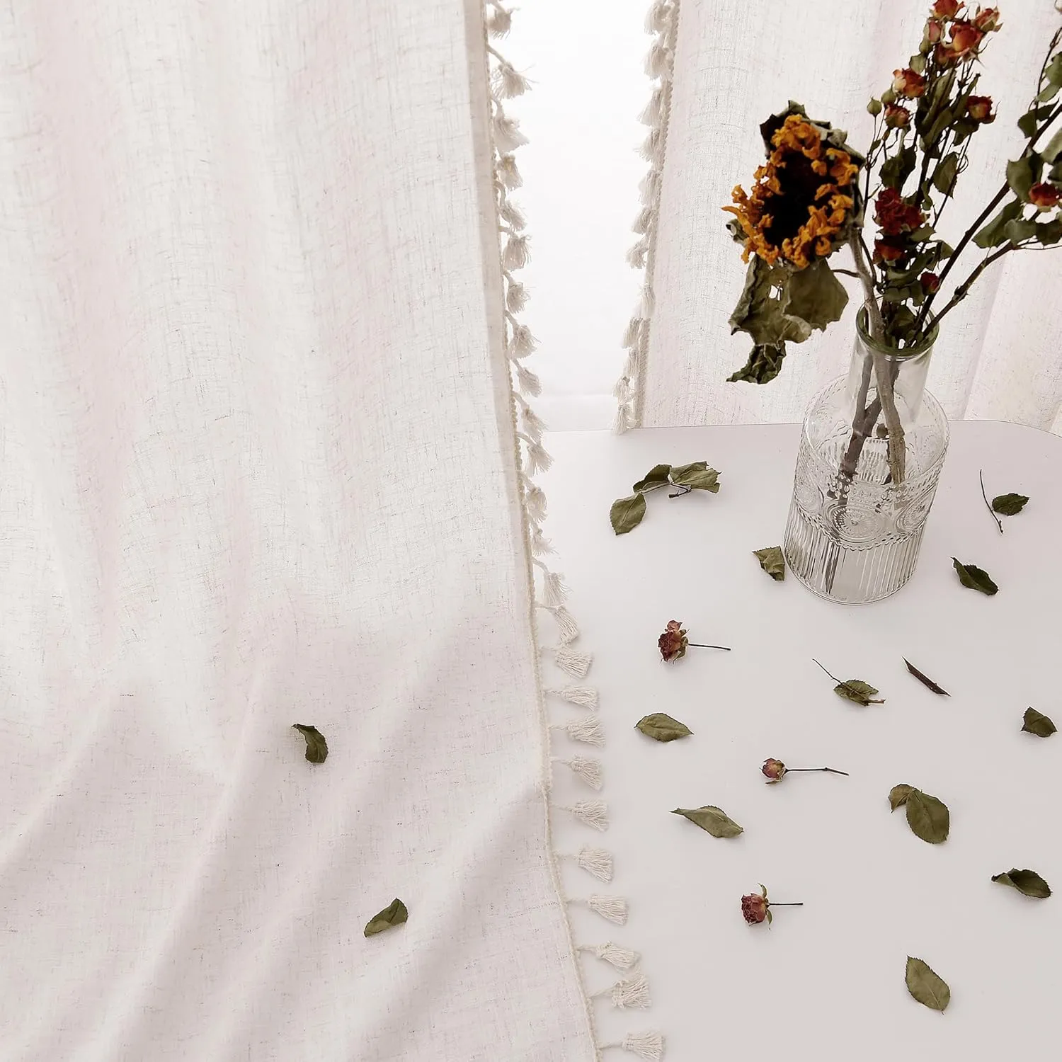 Natural Boho Linen Curtains 84 Inches Long 2 Panels Cream Beige Semi Sheer Curtains Tassel Rod Pocket Back Tab Top Light Filtering Neutral Farmhouse Curtain for Living Room Bedroom 38x84