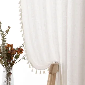 Natural Boho Linen Curtains 84 Inches Long 2 Panels Cream Beige Semi Sheer Curtains Tassel Rod Pocket Back Tab Top Light Filtering Neutral Farmhouse Curtain for Living Room Bedroom 38x84
