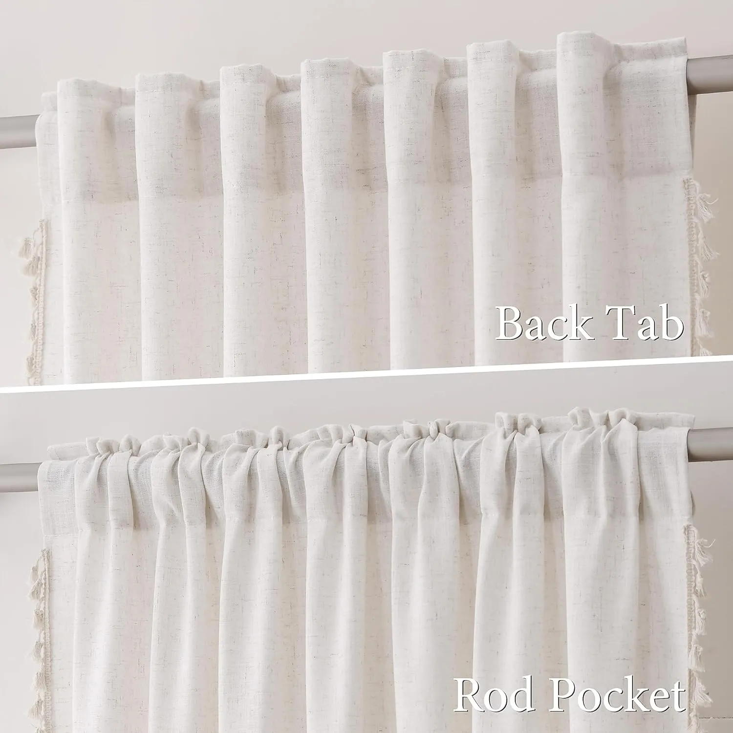 Natural Boho Linen Curtains 84 Inches Long 2 Panels Cream Beige Semi Sheer Curtains Tassel Rod Pocket Back Tab Top Light Filtering Neutral Farmhouse Curtain for Living Room Bedroom 38x84