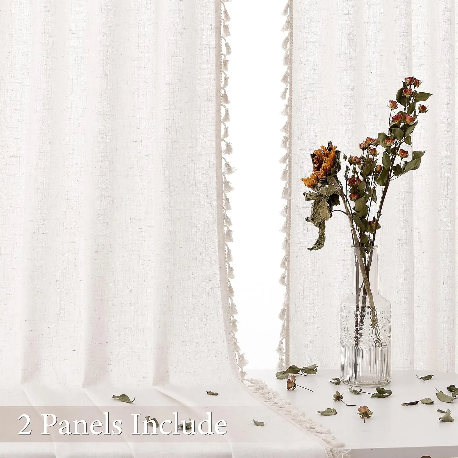 Natural Boho Linen Curtains 84 Inches Long 2 Panels Cream Beige Semi Sheer Curtains Tassel Rod Pocket Back Tab Top Light Filtering Neutral Farmhouse Curtain for Living Room Bedroom 38x84