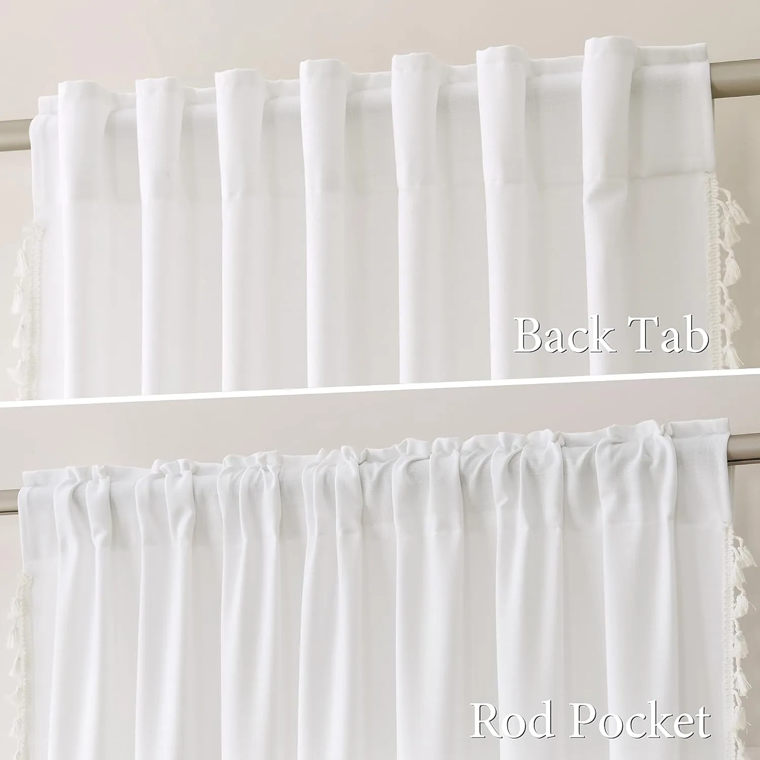 Natural Ivory Linen Curtains 63 Inches Long 2 Panels Boho Farmhouse Semi Sheer Curtains Tassels Back Tab Top Neutral Textured Off White Light Filtering Chic Drapes for Living Room Bedroom 52x63