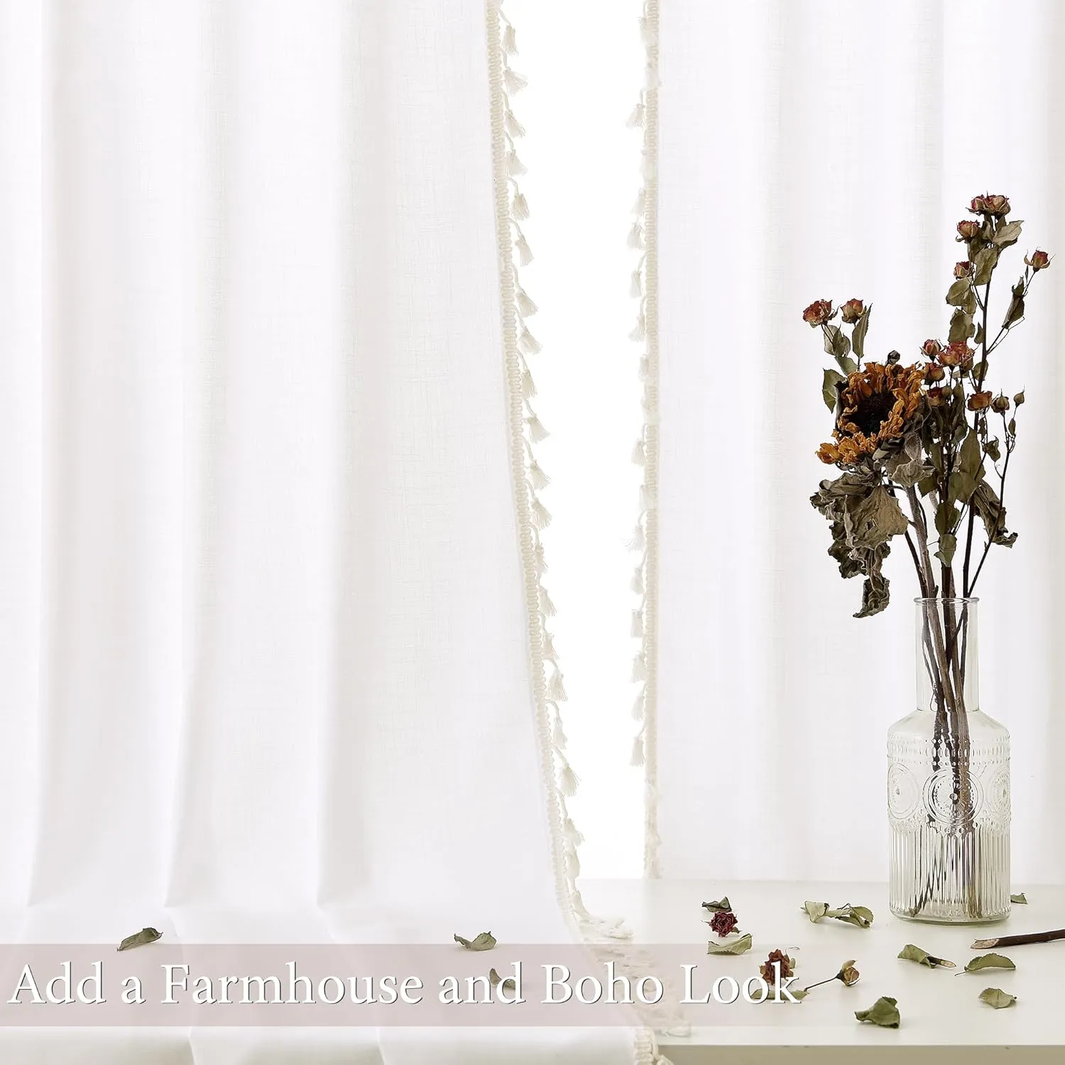Natural Ivory Linen Curtains 63 Inches Long 2 Panels Boho Farmhouse Semi Sheer Curtains Tassels Back Tab Top Neutral Textured Off White Light Filtering Chic Drapes for Living Room Bedroom 52x63