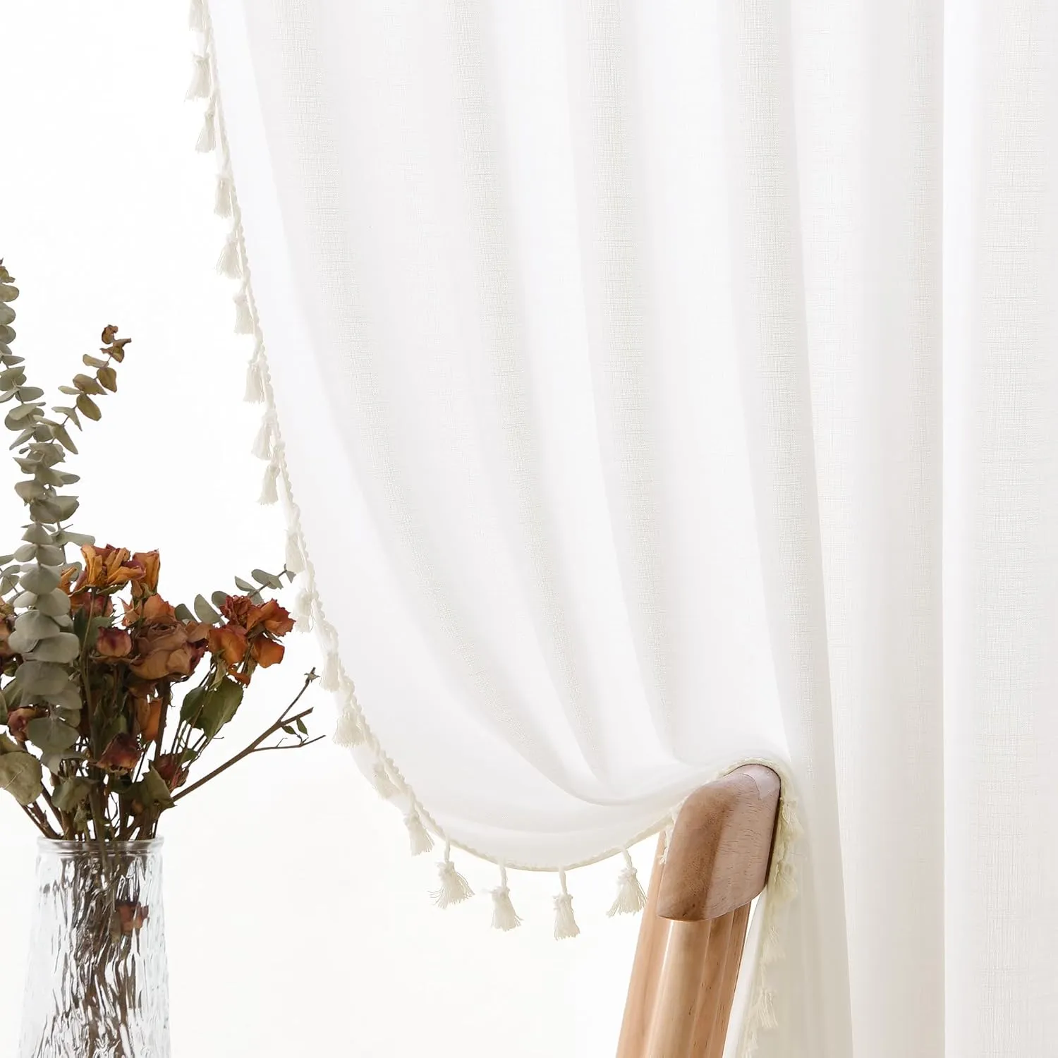 Natural Ivory Linen Curtains 63 Inches Long 2 Panels Boho Farmhouse Semi Sheer Curtains Tassels Back Tab Top Neutral Textured Off White Light Filtering Chic Drapes for Living Room Bedroom 52x63