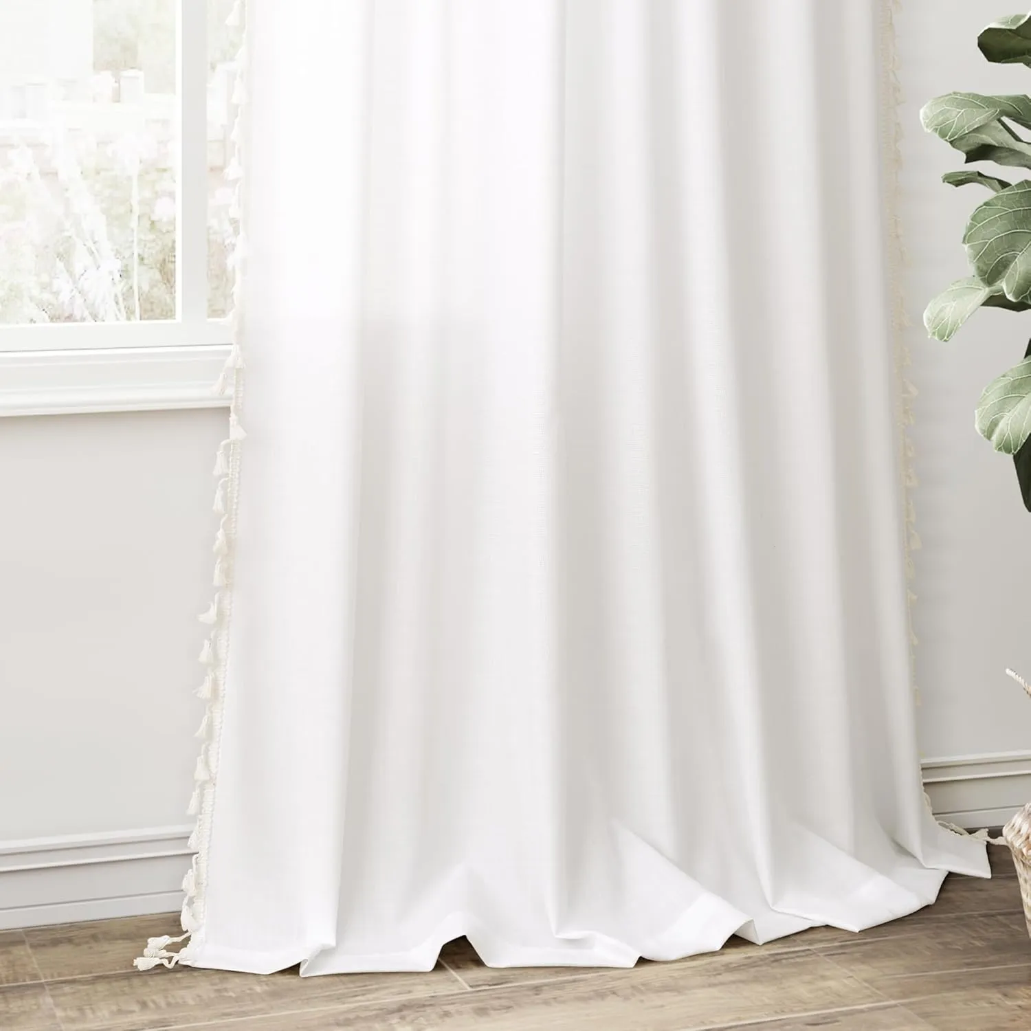 Natural Ivory Linen Curtains 63 Inches Long 2 Panels Boho Farmhouse Semi Sheer Curtains Tassels Back Tab Top Neutral Textured Off White Light Filtering Chic Drapes for Living Room Bedroom 52x63