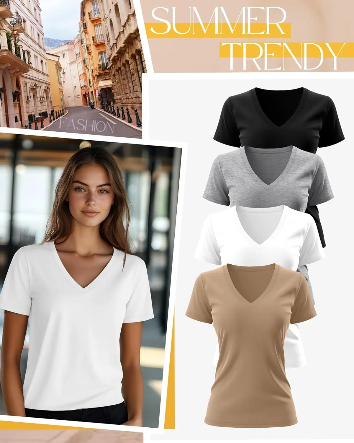 Neer 4 Pack Women's V Neck T-Shirts Summer Short Sleeve Casual Tops Loose Fit Flat Hem Basic Tees