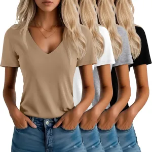 Neer 4 Pack Women's V Neck T-Shirts Summer Short Sleeve Casual Tops Loose Fit Flat Hem Basic Tees