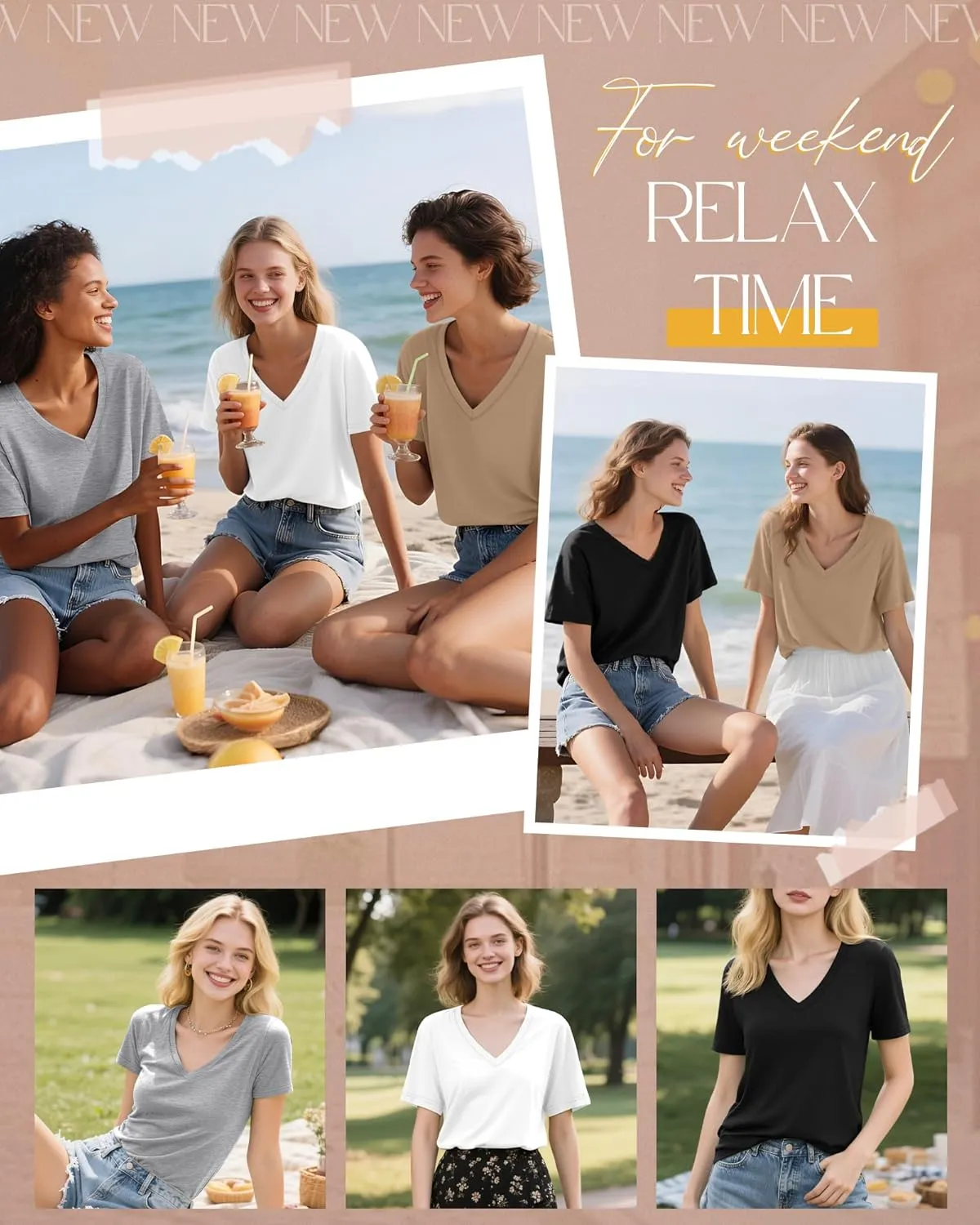 Neer 4 Pack Women's V Neck T-Shirts Summer Short Sleeve Casual Tops Loose Fit Flat Hem Basic Tees