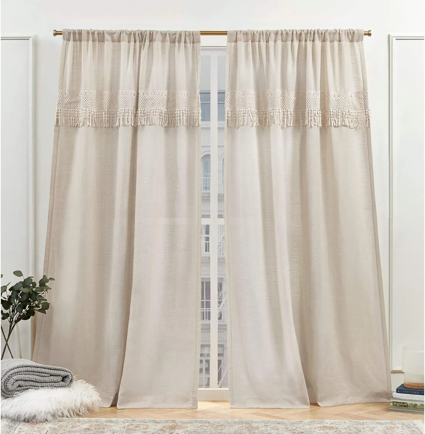 Nicole Miller New York Dunbar Light Filtering Rod Pocket Curtain Panels, 50"x84", Natural, Set of 2