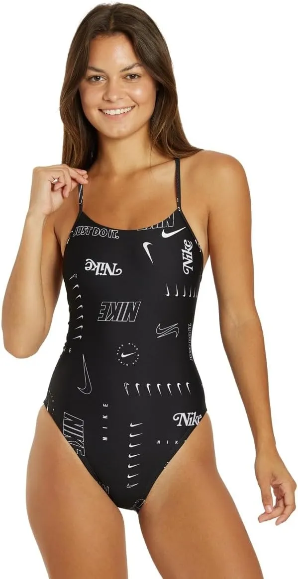 Nike Women's HydraStrong Multi Print Lace Up Tie Back One Piece Swimsuit Black, 34