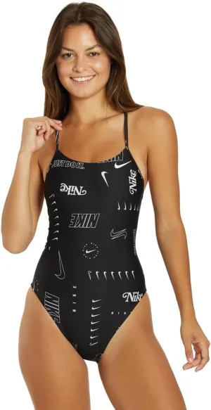 Nike Women's HydraStrong Multi Print Lace Up Tie Back One Piece Swimsuit Black, 34
