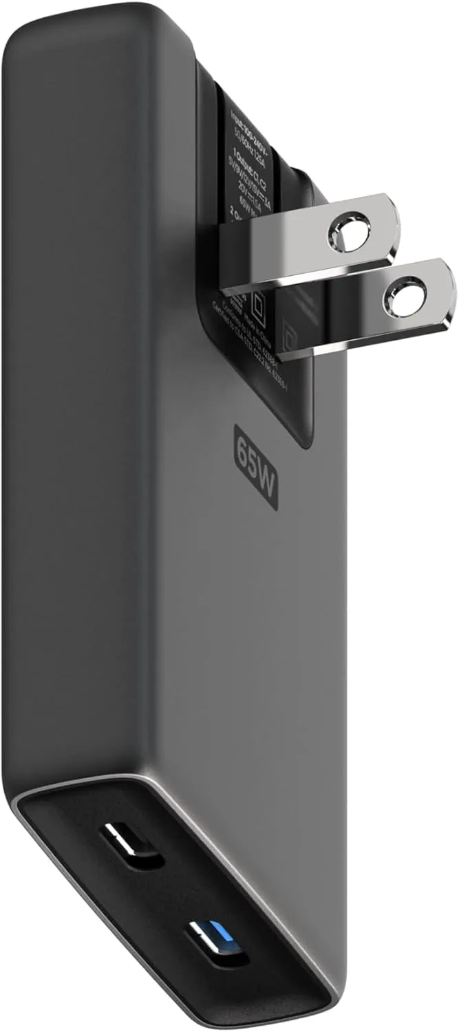 Nomad 65w Slim Power Adapter Carbide, Flat Wall Charger with Dual USB C Cable Ports, Flat Charger Block with Fast Charge Ports, Slim Charger Block Flat USB C Wall Plug, Slim USB C Wall Charger