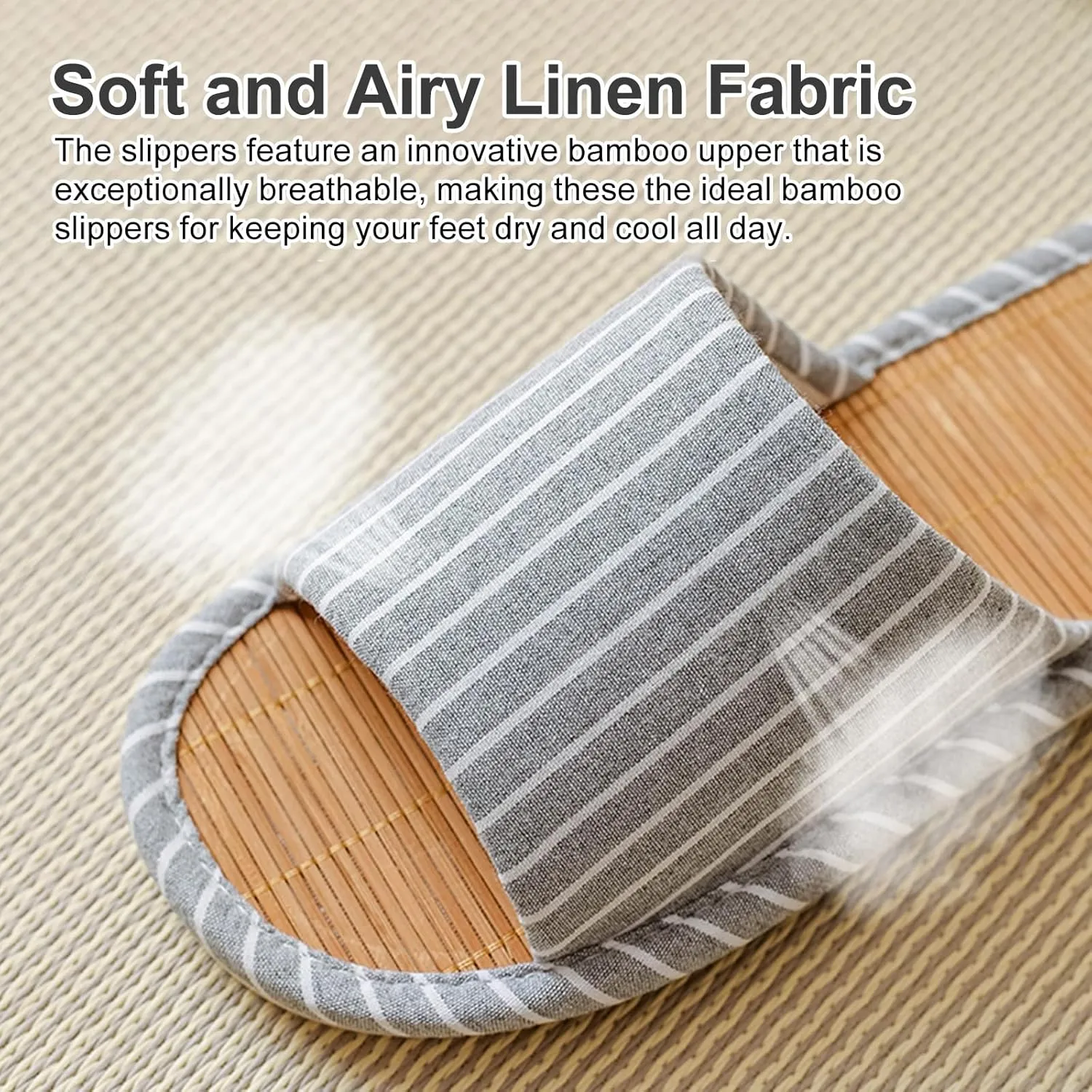 Odor-resistant Japanese Bamboo House Slippers for Sweaty Feet for Summer Cooling Slippers with Non-slip Soft Sole for Tatami and Indoor Easy to Clean