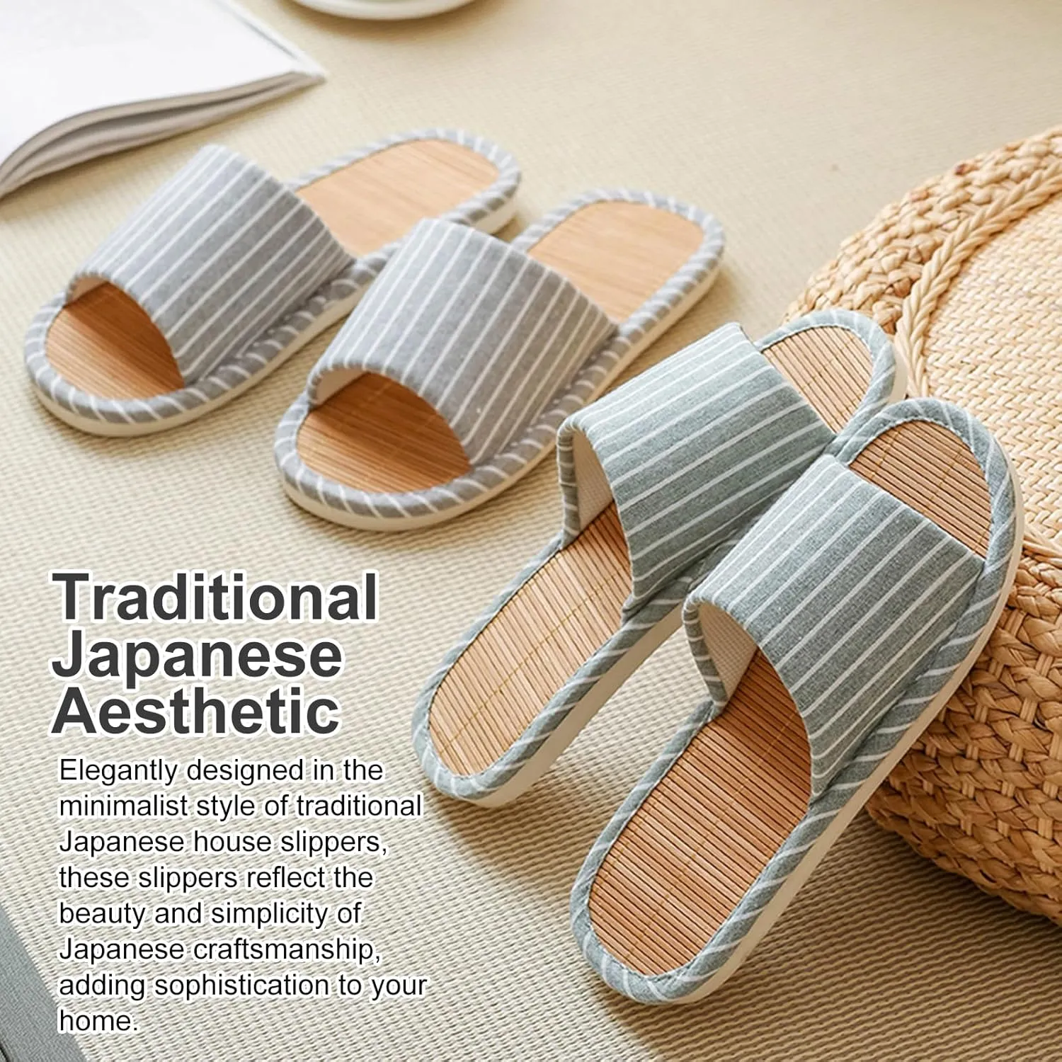 Odor-resistant Japanese Bamboo House Slippers for Sweaty Feet for Summer Cooling Slippers with Non-slip Soft Sole for Tatami and Indoor Easy to Clean
