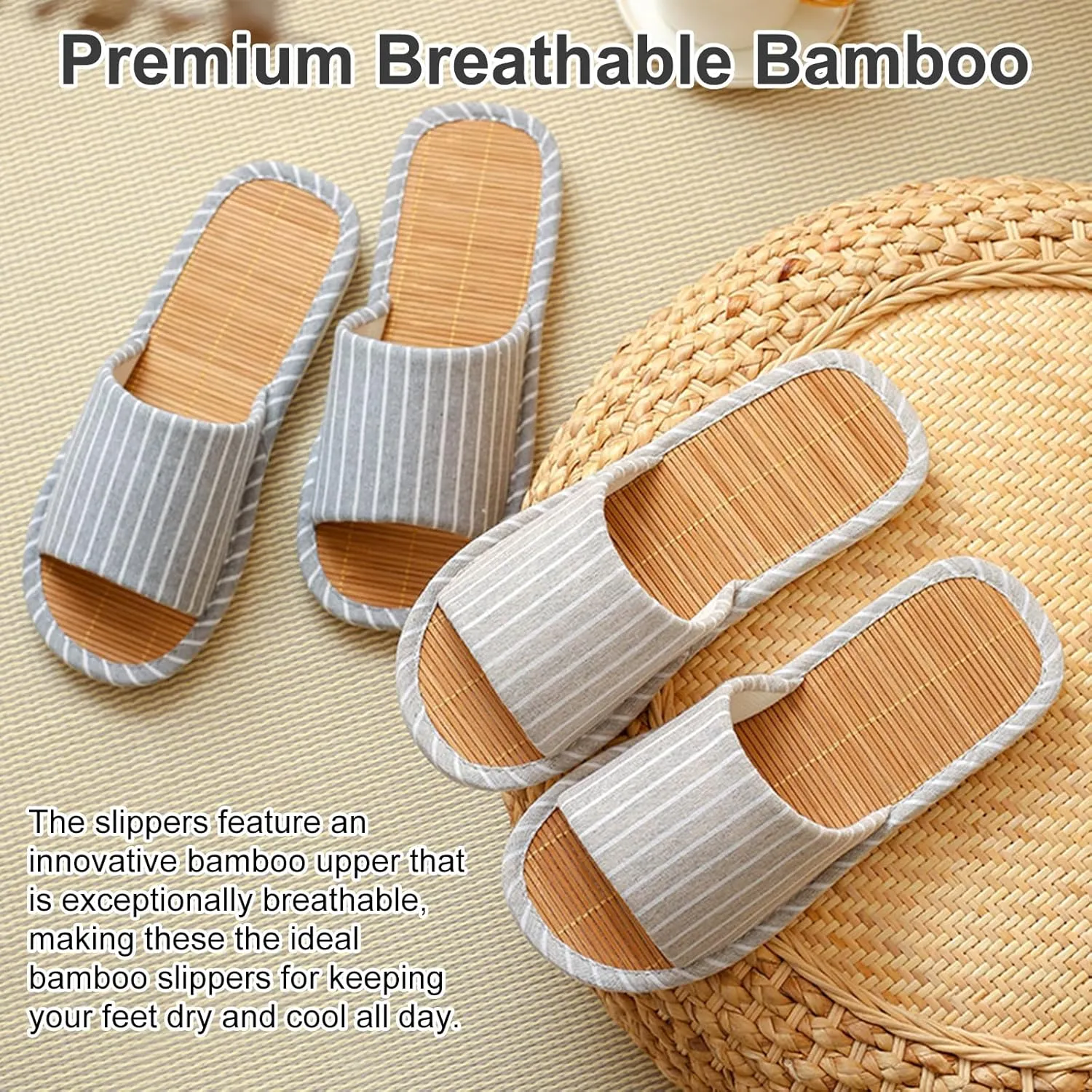 Odor-resistant Japanese Bamboo House Slippers for Sweaty Feet for Summer Cooling Slippers with Non-slip Soft Sole for Tatami and Indoor Easy to Clean