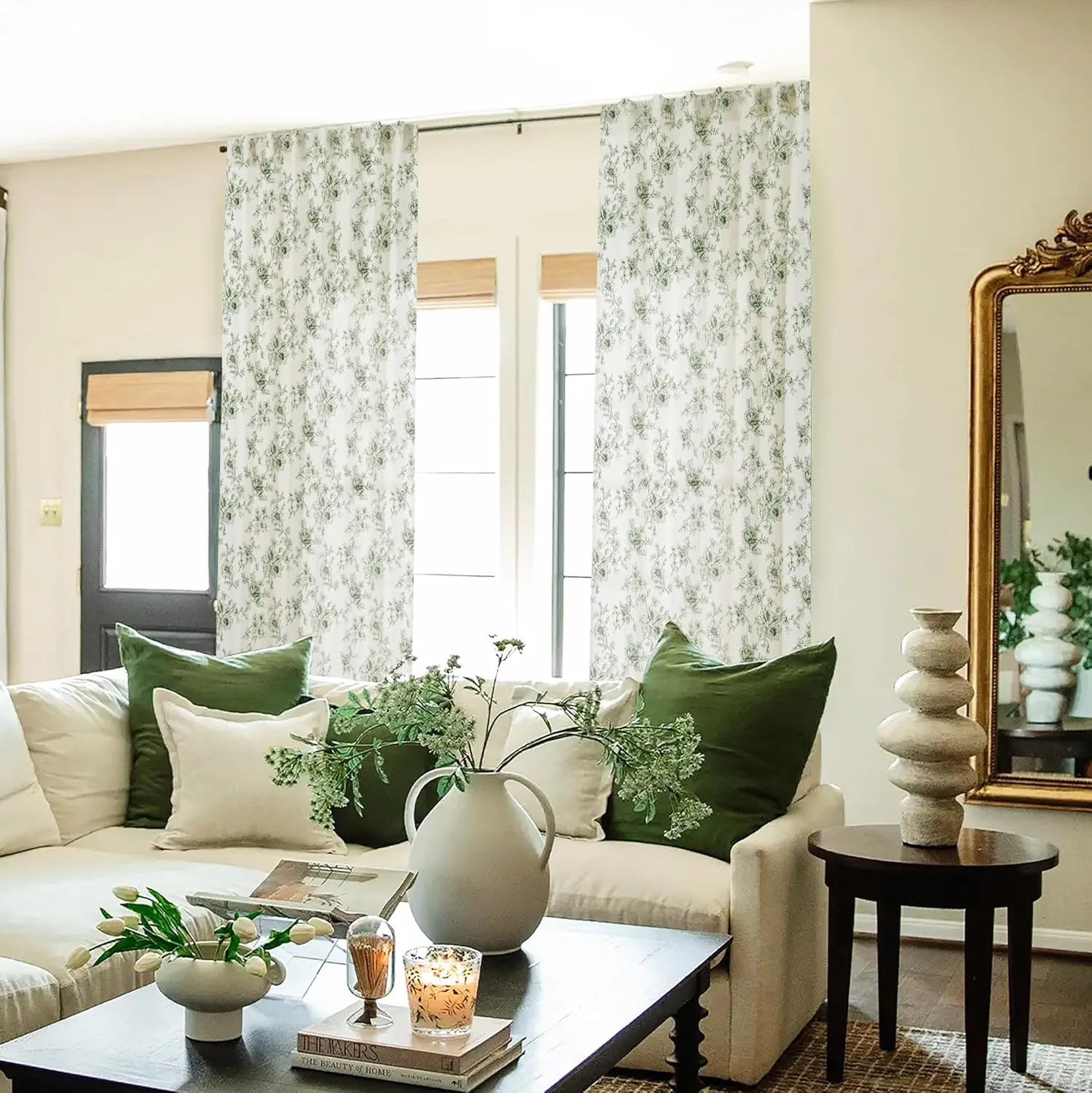 Olive Green Curtains for Dining Room,Pattern European Floral Linen Toile Dark Moody Sheer Pleat French Country Curtains for Living Room Bedroom 84 Inch Length 2 Panels Set