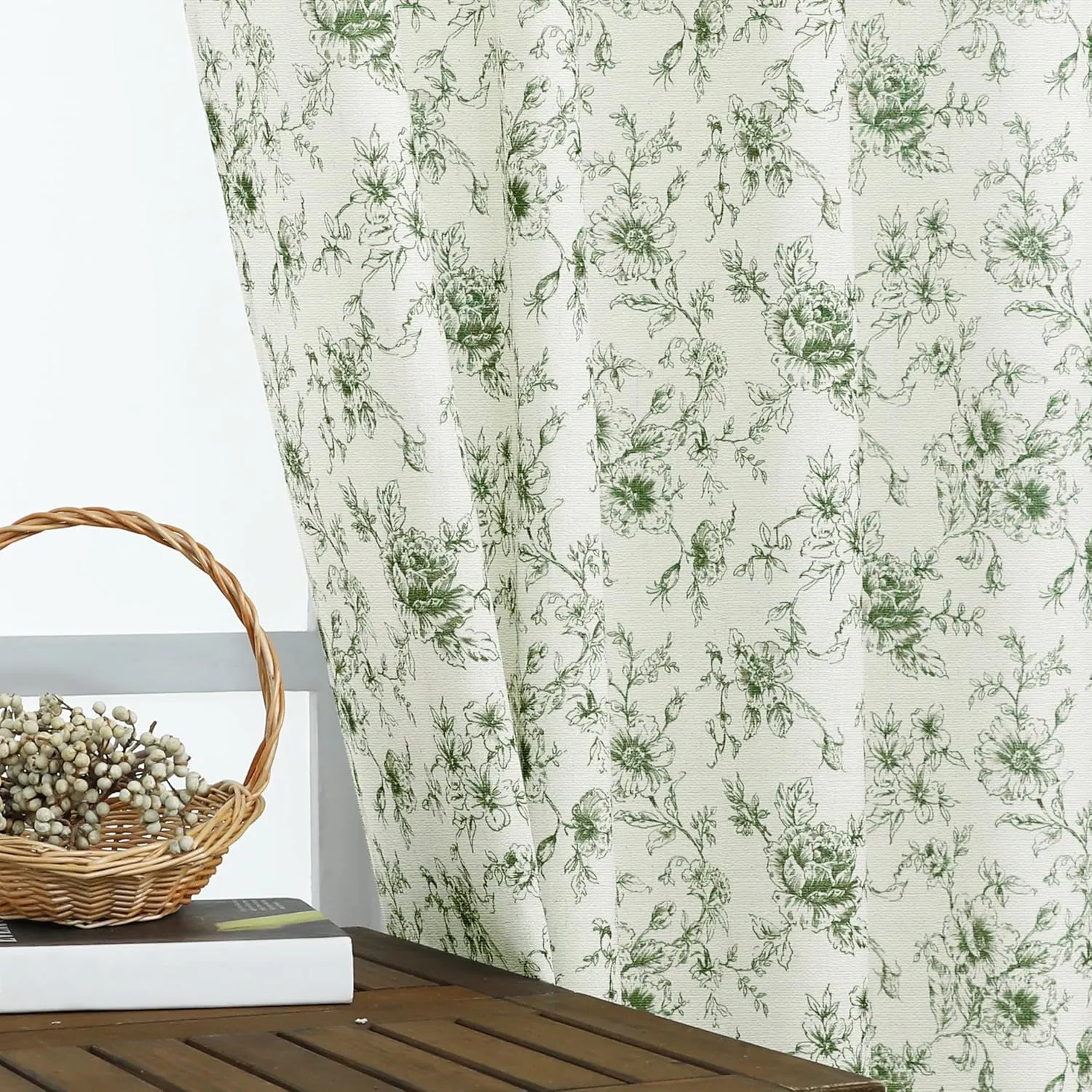 Olive Green Curtains for Dining Room,Pattern European Floral Linen Toile Dark Moody Sheer Pleat French Country Curtains for Living Room Bedroom 84 Inch Length 2 Panels Set