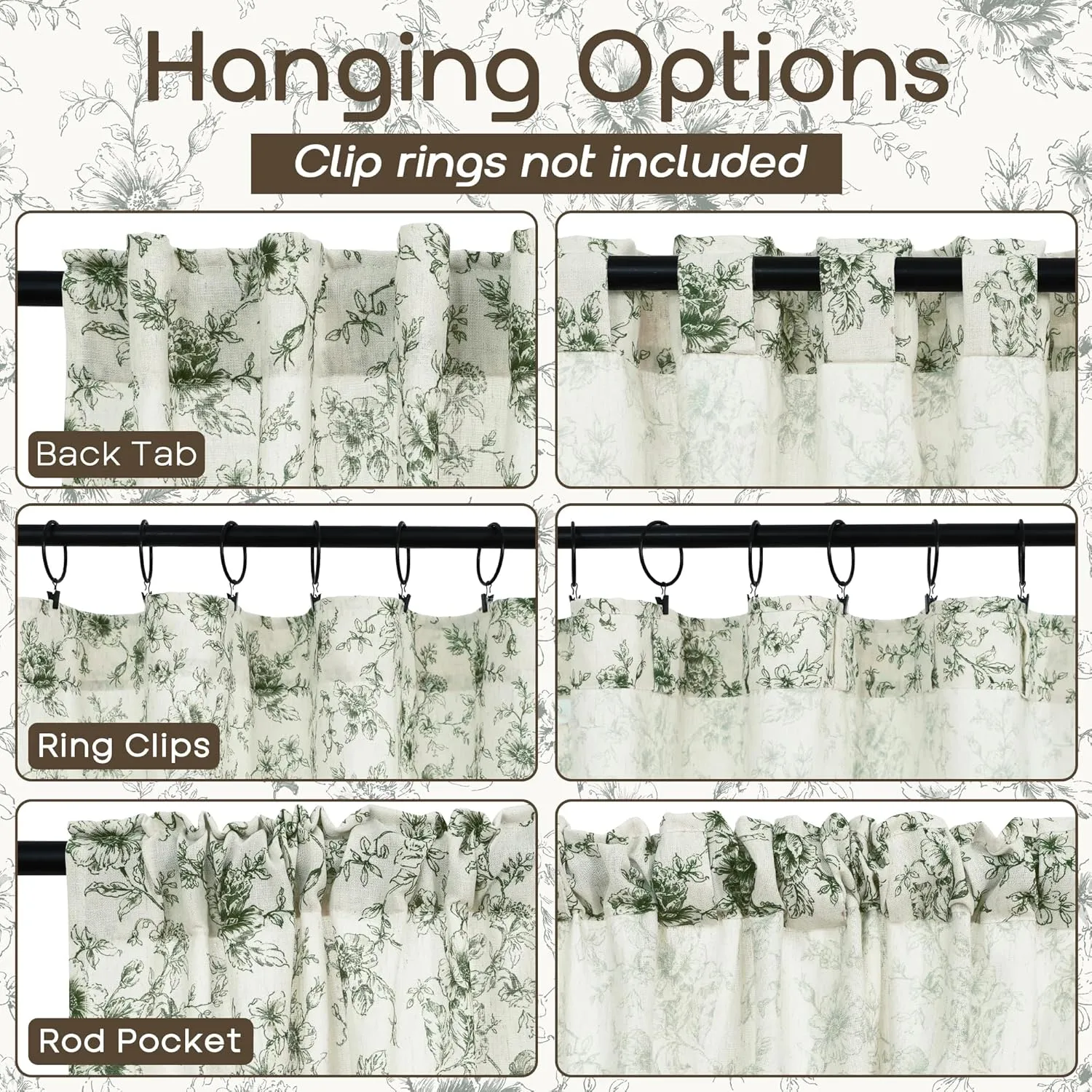 Olive Green Curtains for Dining Room,Pattern European Floral Linen Toile Dark Moody Sheer Pleat French Country Curtains for Living Room Bedroom 84 Inch Length 2 Panels Set