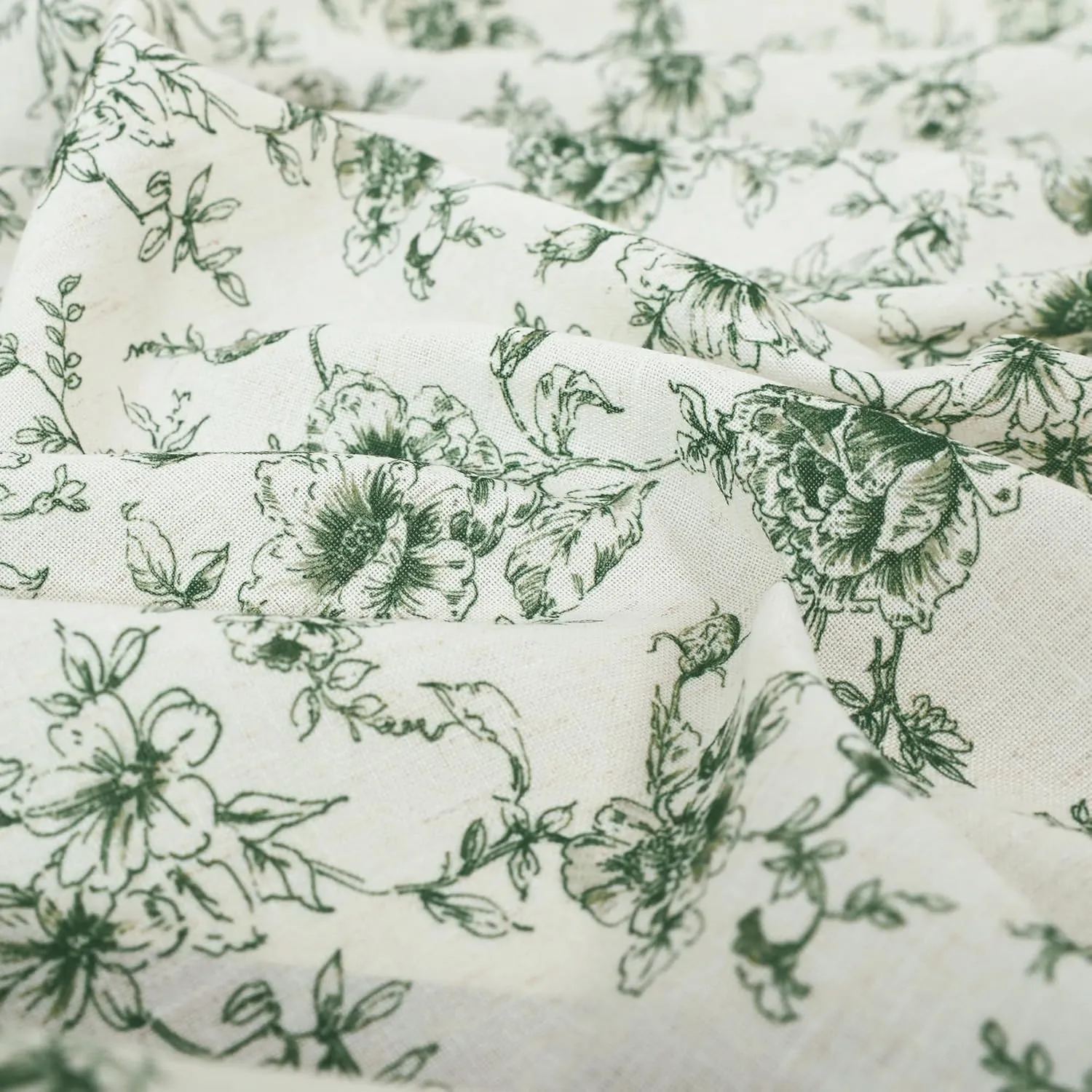 Olive Green Curtains for Dining Room,Pattern European Floral Linen Toile Dark Moody Sheer Pleat French Country Curtains for Living Room Bedroom 84 Inch Length 2 Panels Set