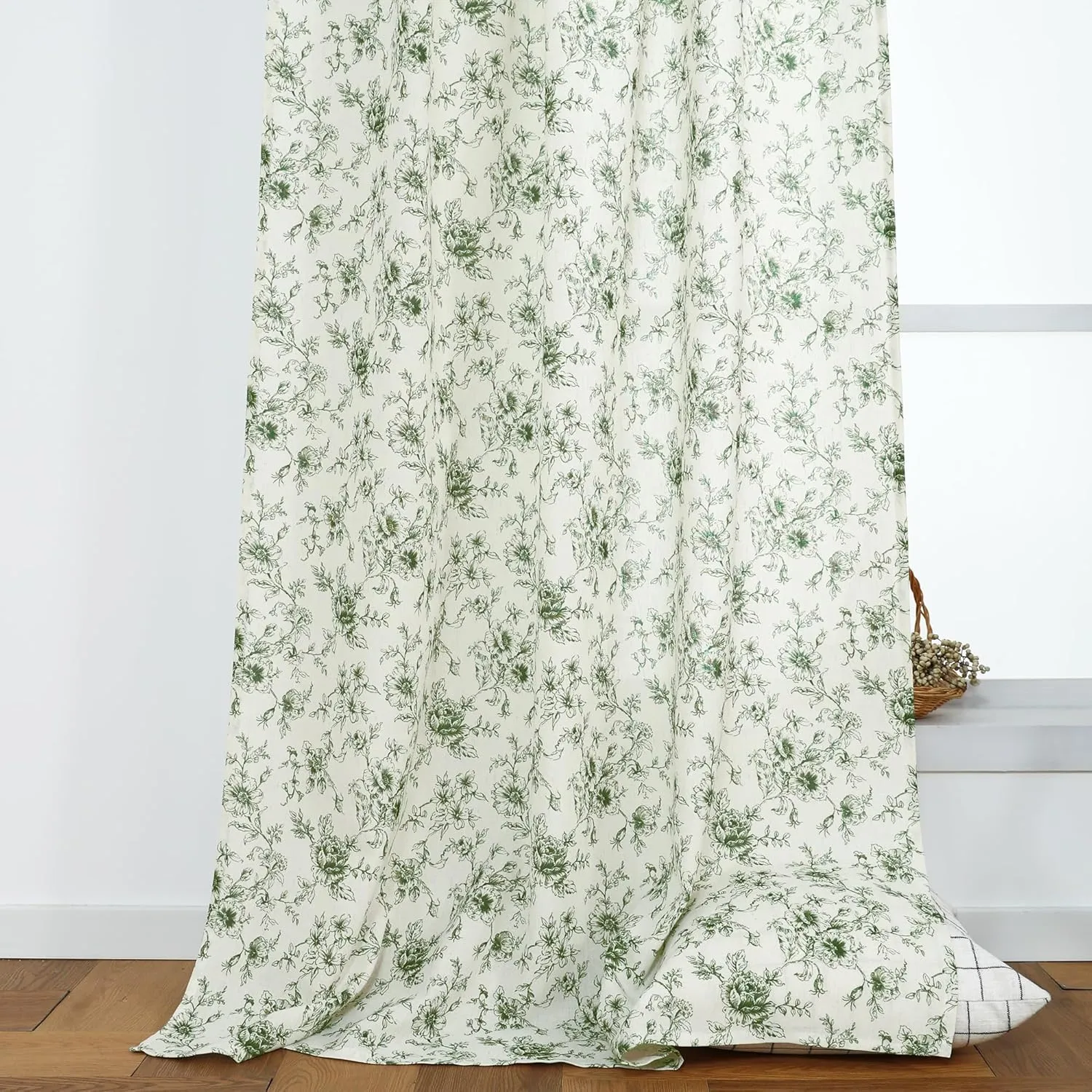 Olive Green Curtains for Dining Room,Pattern European Floral Linen Toile Dark Moody Sheer Pleat French Country Curtains for Living Room Bedroom 84 Inch Length 2 Panels Set