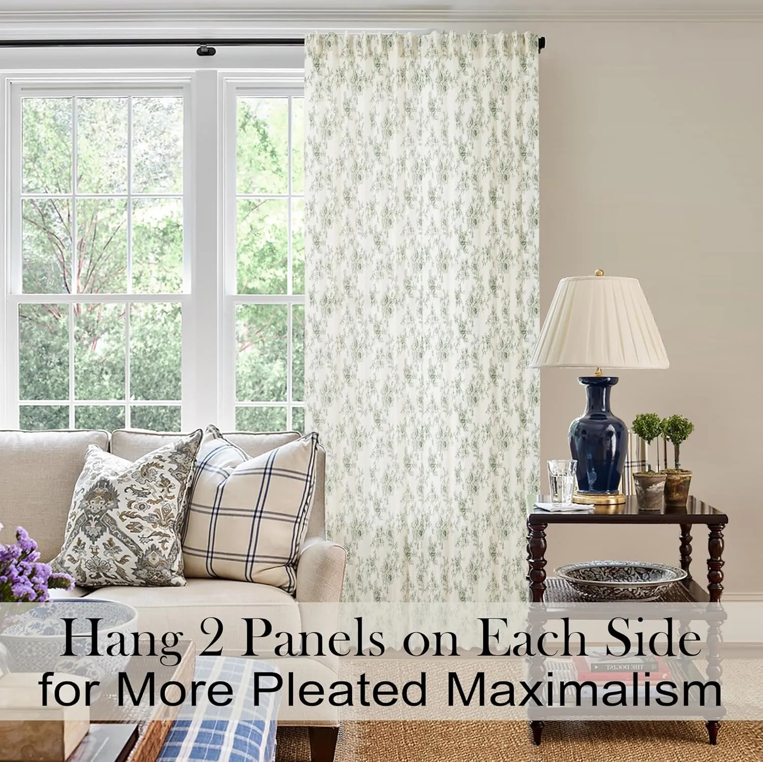 Olive Green Curtains for Dining Room,Pattern European Floral Linen Toile Dark Moody Sheer Pleat French Country Curtains for Living Room Bedroom 84 Inch Length 2 Panels Set