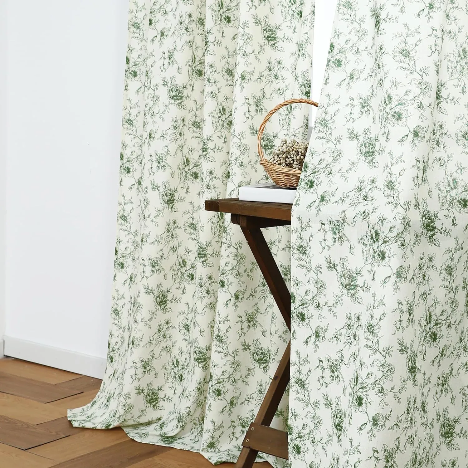 Olive Green Curtains for Dining Room,Pattern European Floral Linen Toile Dark Moody Sheer Pleat French Country Curtains for Living Room Bedroom 84 Inch Length 2 Panels Set