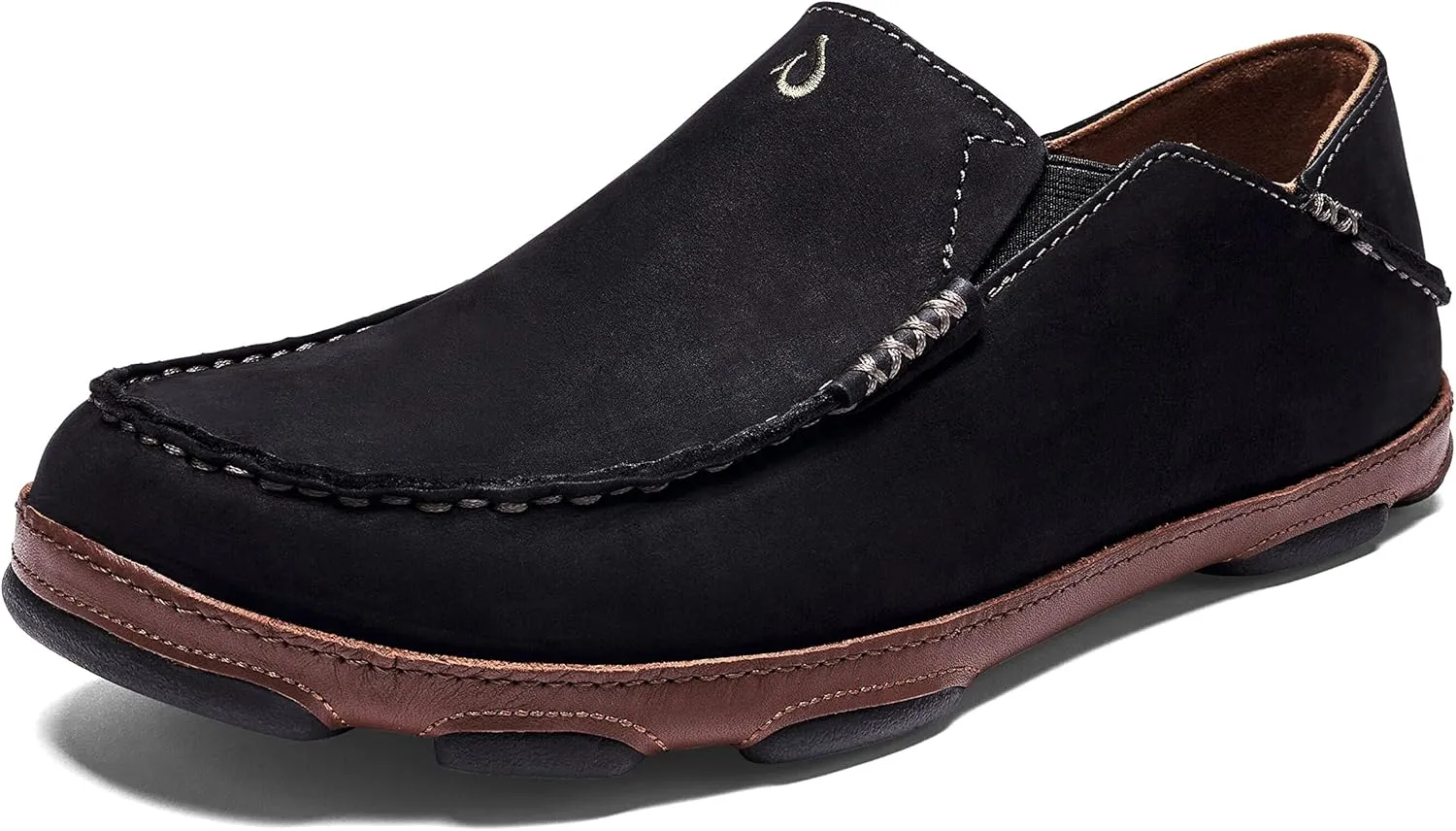 OLUKAI Moloa Men's Premium Leather Shoes, Easy Slip On & Off Design, Casual & Versatile Loafer, Drop-in Heel & Enhanced Traction, Black/Toffee, 7
