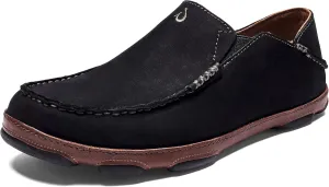 OLUKAI Moloa Men's Premium Leather Shoes, Easy Slip On & Off Design, Casual & Versatile Loafer, Drop-in Heel & Enhanced Traction, Black/Toffee, 7