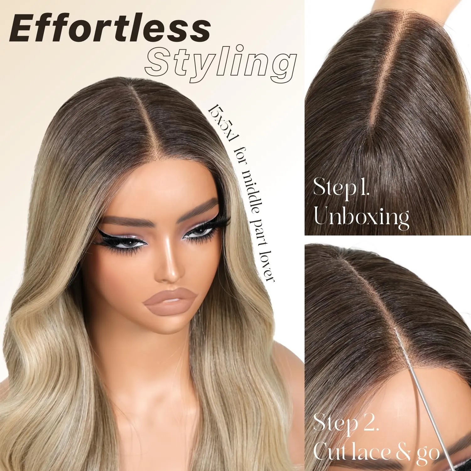 Ombre Blonde Synthetic Lace Front Wigs Body Wave Glueless Wigs With Bangs Pre Plucked Pre Cut 13x5x1 HD Lace Middle Part Wigs For Woman 26 Inch