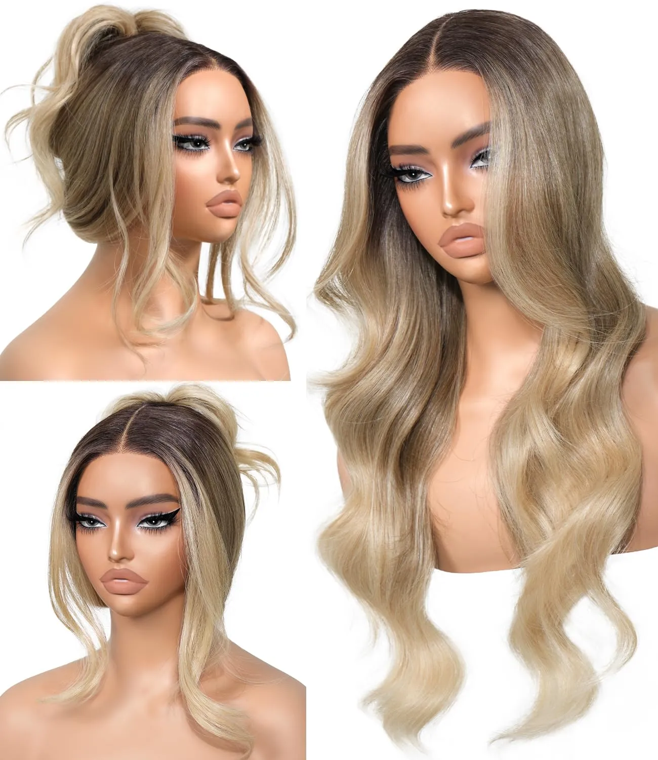 Ombre Blonde Synthetic Lace Front Wigs Body Wave Glueless Wigs With Bangs Pre Plucked Pre Cut 13x5x1 HD Lace Middle Part Wigs For Woman 26 Inch