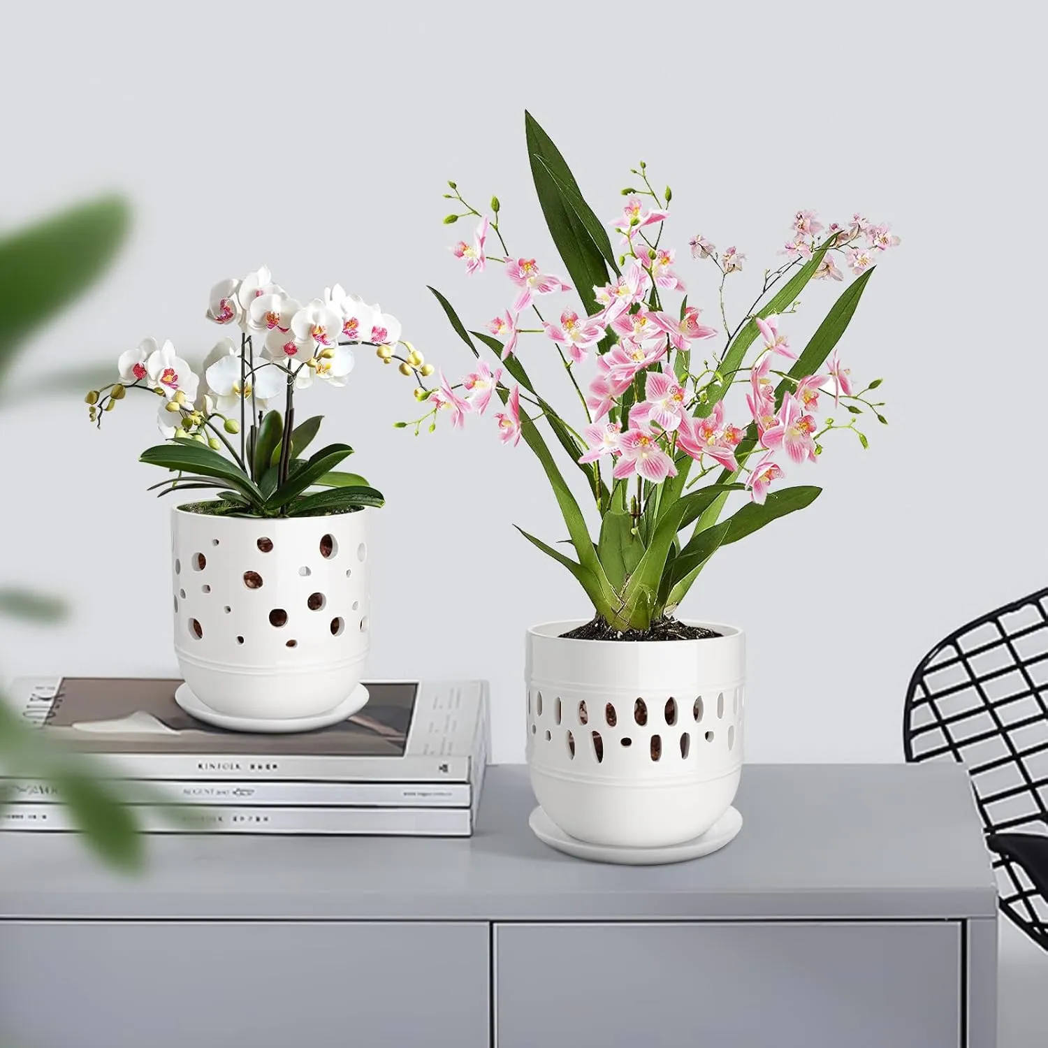 Orchid Pot with Holes, 5 6 Inch Ceramic Orchid Pots, Flower Pots with Drainage and Saucer, Promoting Air Circulation and Drainage, Indoor/Outdoor Plant Pot, Set of 2 - White