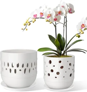 Orchid Pot with Holes, 5 6 Inch Ceramic Orchid Pots, Flower Pots with Drainage and Saucer, Promoting Air Circulation and Drainage, Indoor/Outdoor Plant Pot, Set of 2 - White
