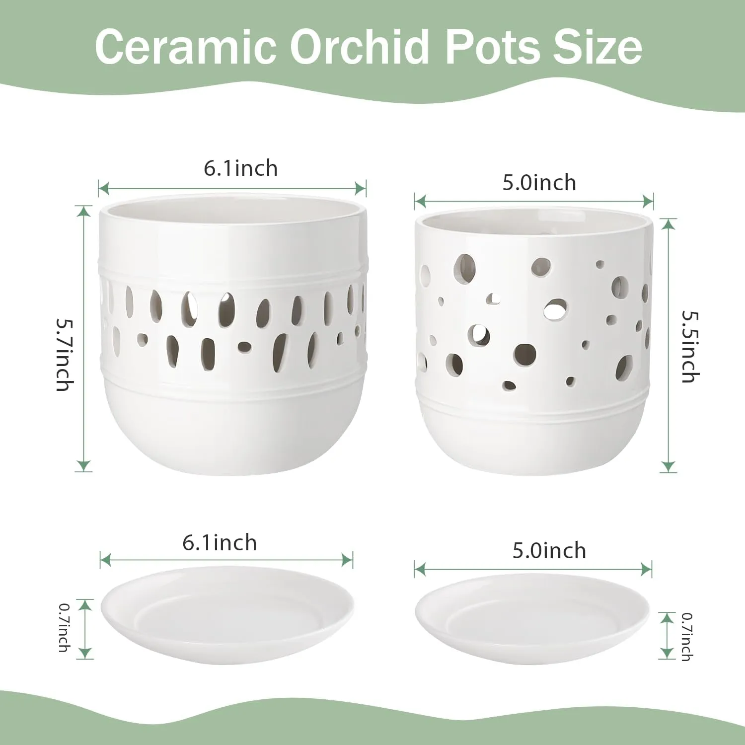 Orchid Pot with Holes, 5 6 Inch Ceramic Orchid Pots, Flower Pots with Drainage and Saucer, Promoting Air Circulation and Drainage, Indoor/Outdoor Plant Pot, Set of 2 - White