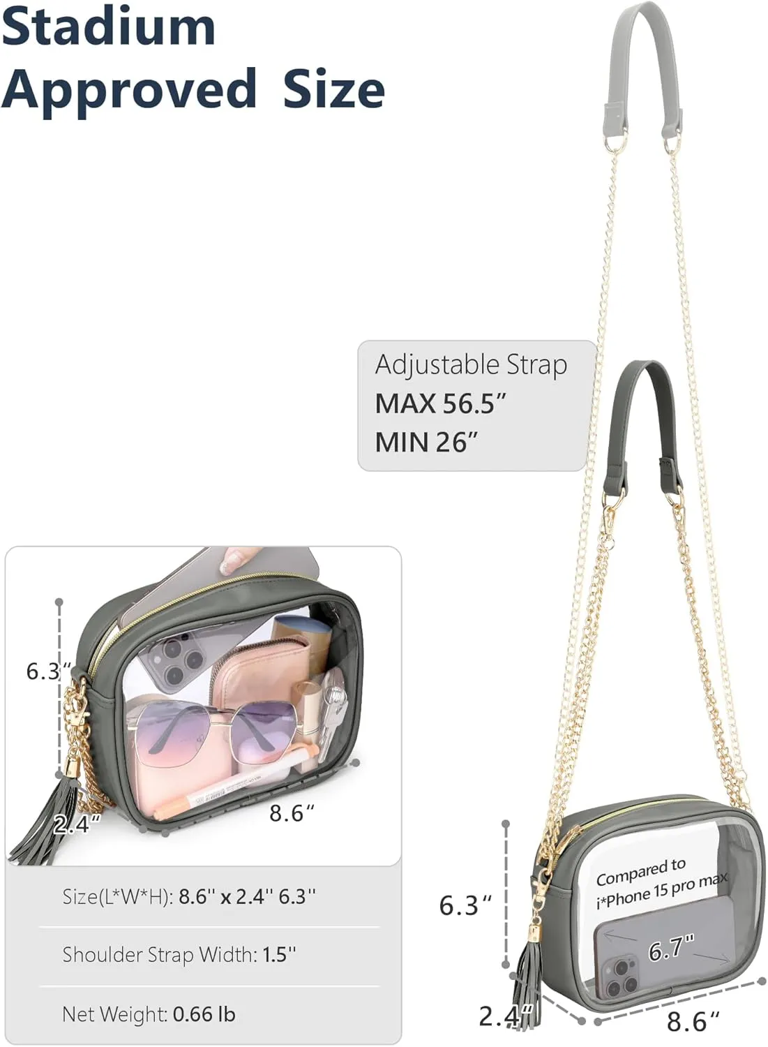 PACKISM Clear Bag for Stadium Events - Cute Clear Purse for Women Crossbody & Adjustable Chain for Sports Games Concerts