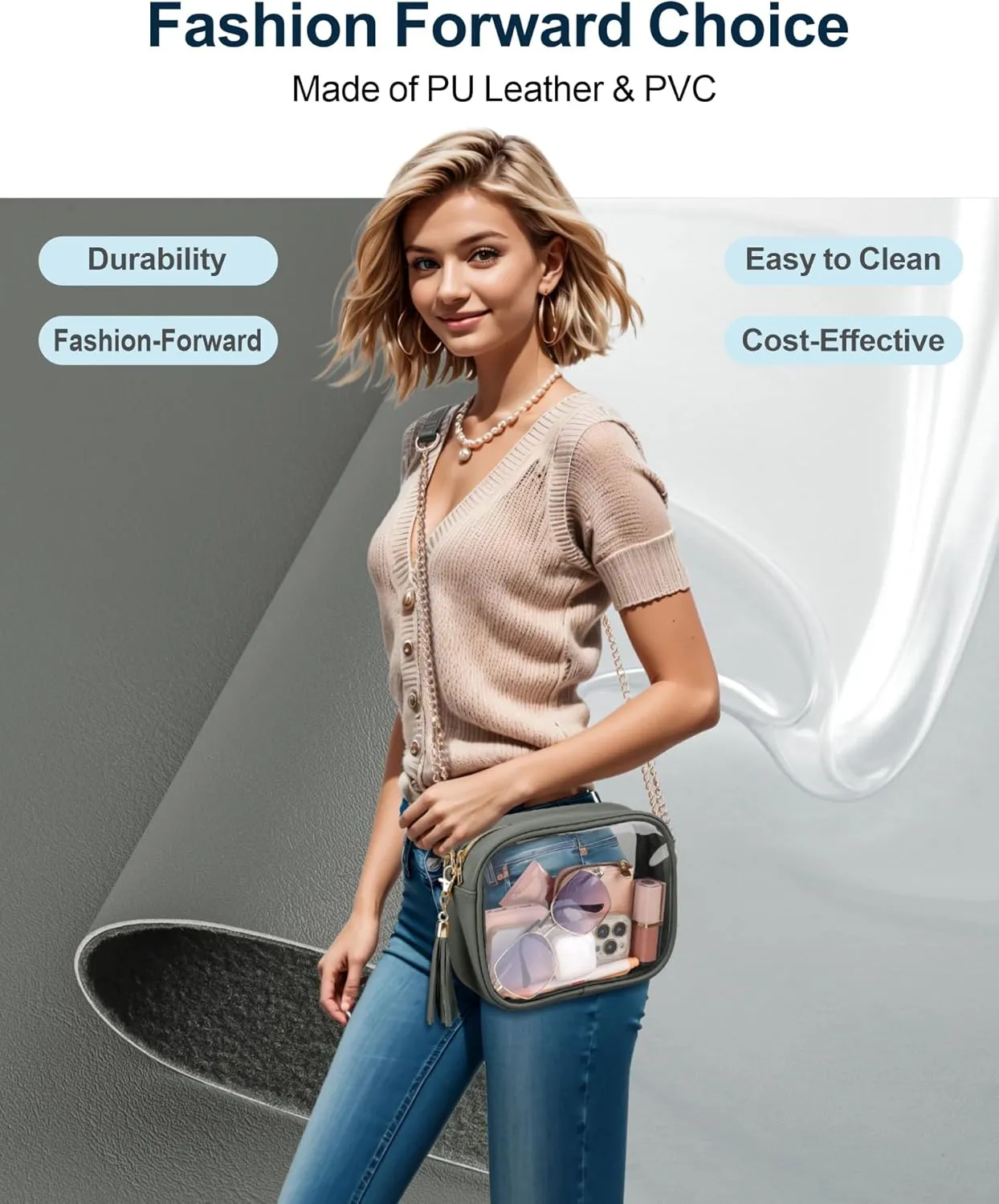 PACKISM Clear Bag for Stadium Events - Cute Clear Purse for Women Crossbody & Adjustable Chain for Sports Games Concerts