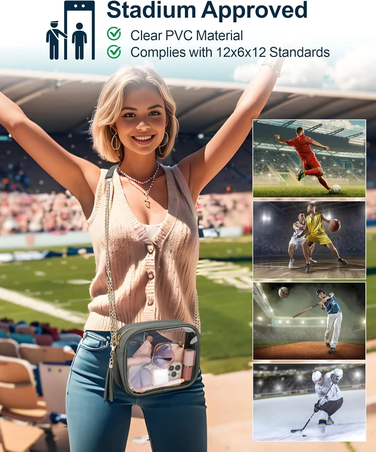 PACKISM Clear Bag for Stadium Events - Cute Clear Purse for Women Crossbody & Adjustable Chain for Sports Games Concerts