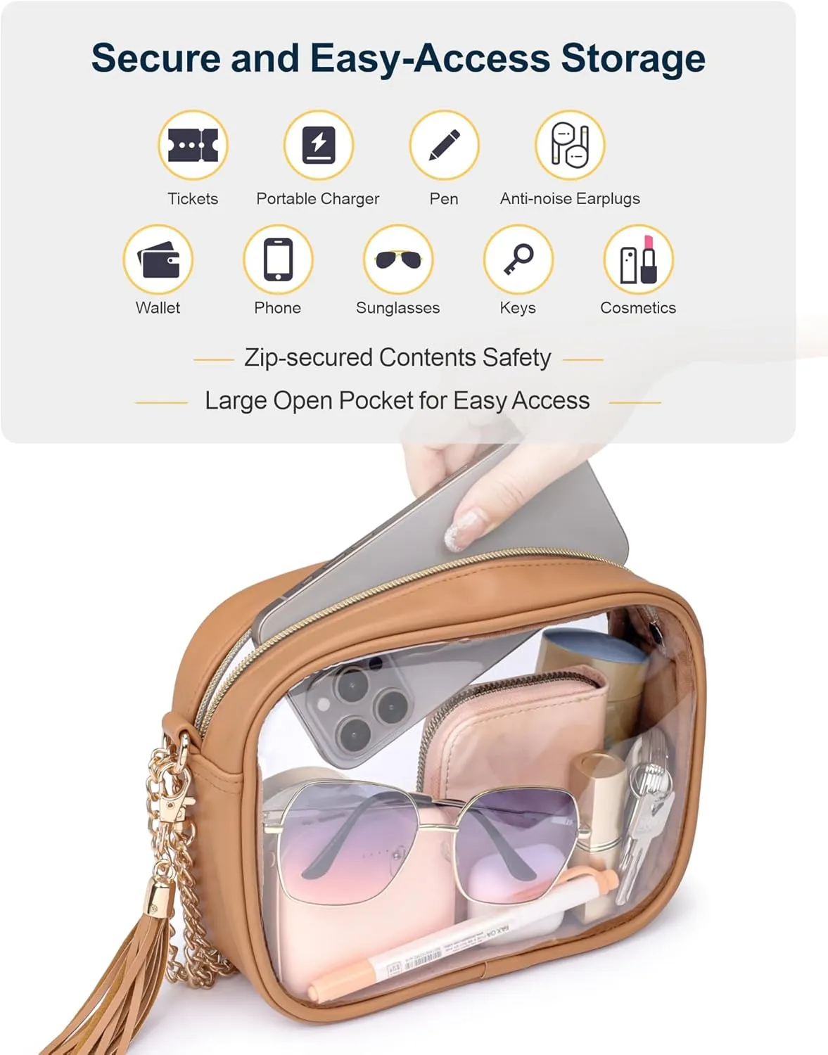 PACKISM Clear Bag for Stadium Events - Cute Clear Purse for Women Crossbody & Adjustable Chain for Sports Games Concerts