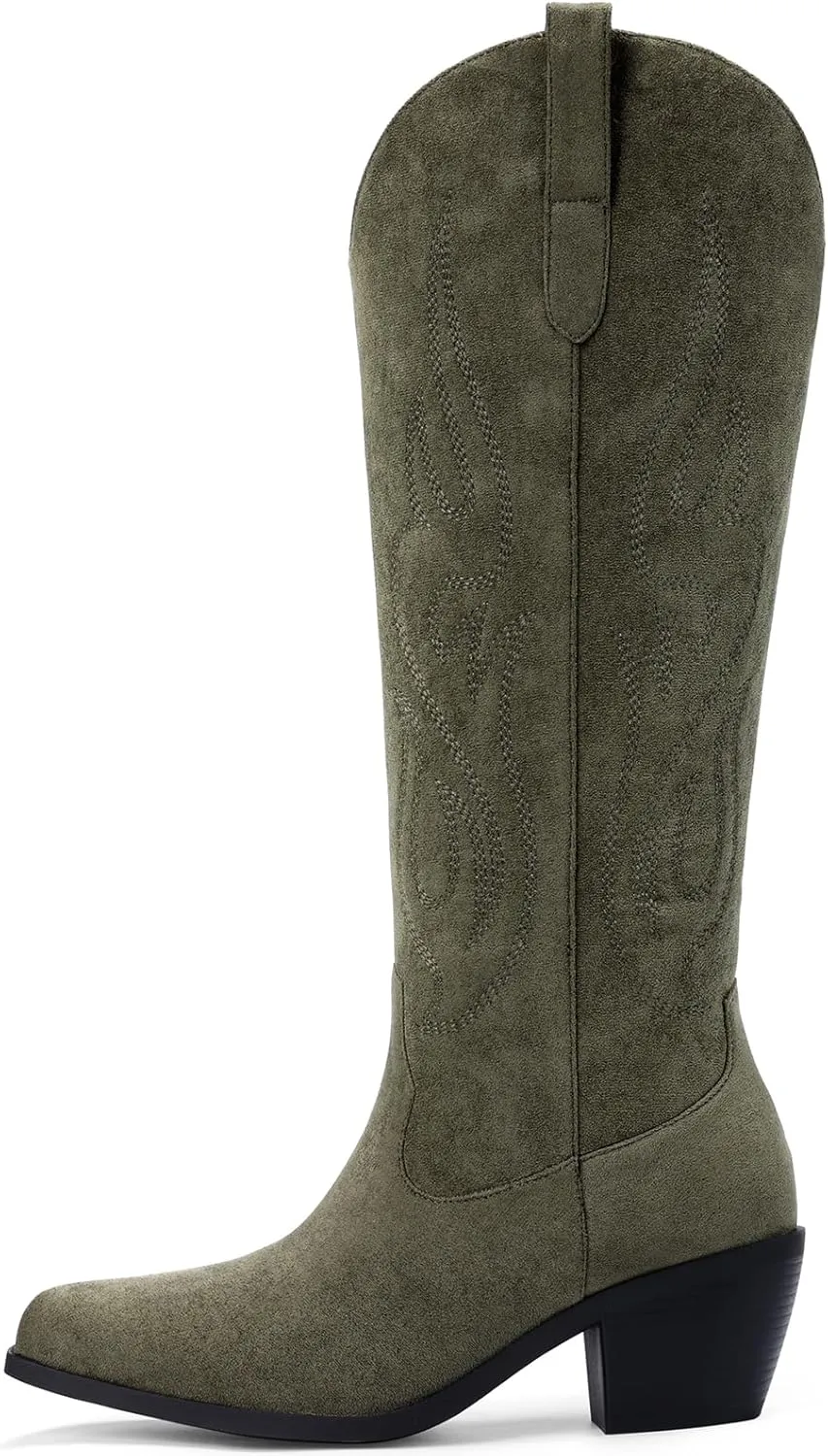 Pasuot Western Cowboy Boots for Women - Knee High Wide Calf Cowgirl Boots with Classic Embroidered, Slip On Pointed Toe Chunky Heel Fashion Retro Classic Pull On Tall Boot for Girls Ladies Fall Winter