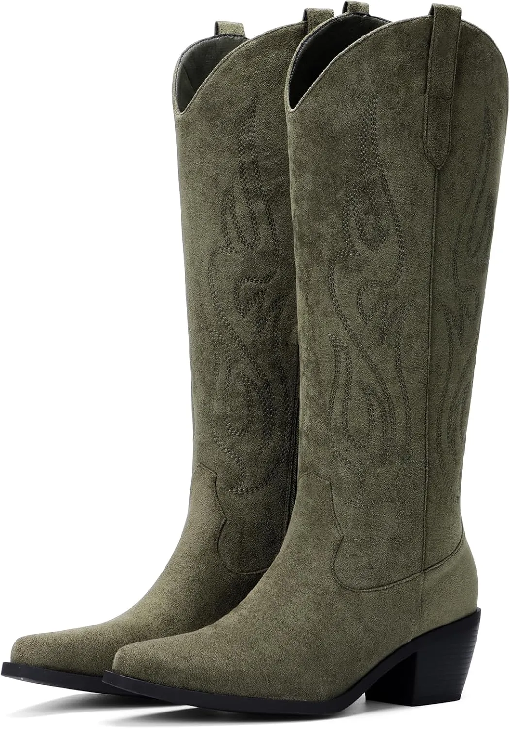Pasuot Western Cowboy Boots for Women - Knee High Wide Calf Cowgirl Boots with Classic Embroidered, Slip On Pointed Toe Chunky Heel Fashion Retro Classic Pull On Tall Boot for Girls Ladies Fall Winter